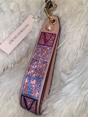Victoria's Secret Pink Crystal Embellished Keychain Strap with Gold Hardware